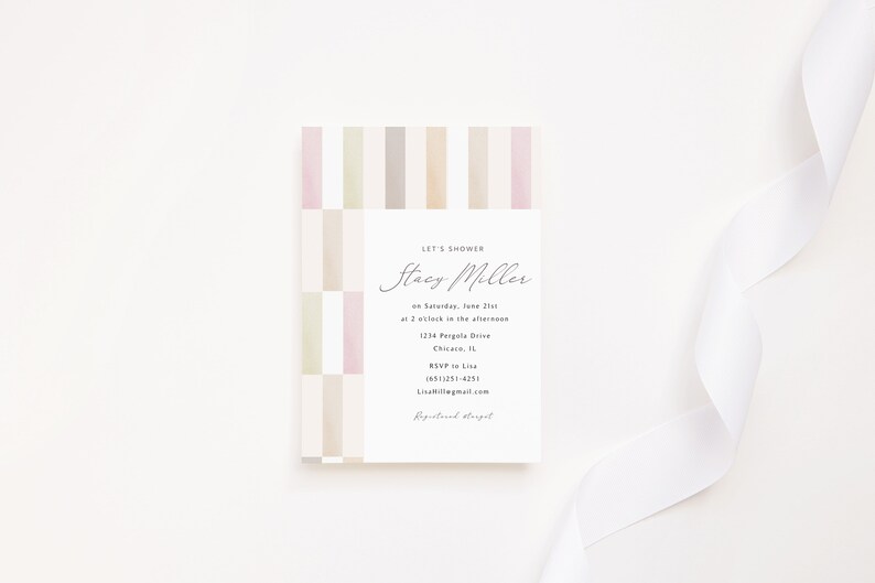 May include: A pink, beige, and green striped invitation card with the text "Let's Shower Stacy Miller" on Saturday, June 21st at 2 o'clock in the afternoon. The address is 1234 Pergola Drive, Chicago, IL. RSVP to Lisa at 1651-251-4251 or Lisamilegmail.com. Registered guests only.