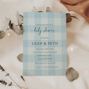 May include: A blue and white gingham baby shower invitation with the text "You're invited to a baby shower honoring Leah & Seth" and details for the event.