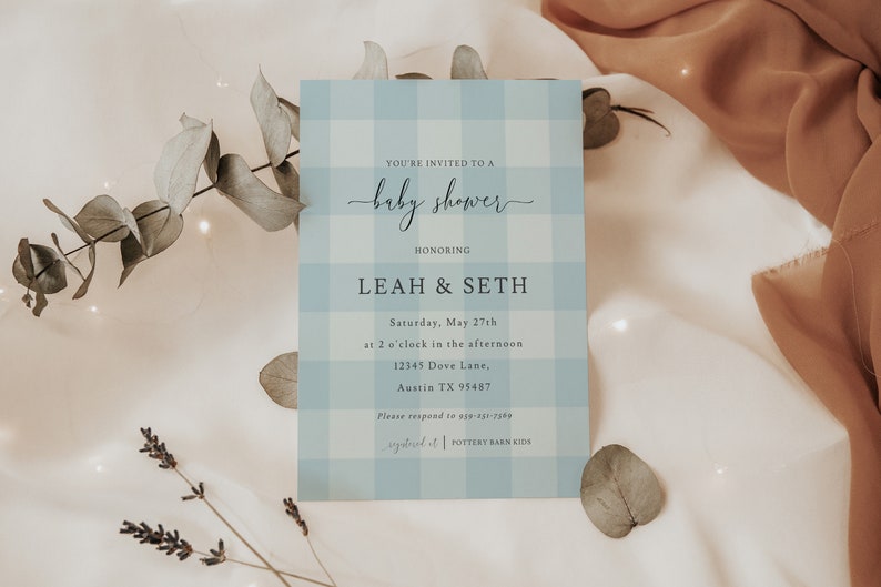 May include: A blue and white gingham baby shower invitation with the text "You're invited to a baby shower honoring Leah & Seth" and details for the event.