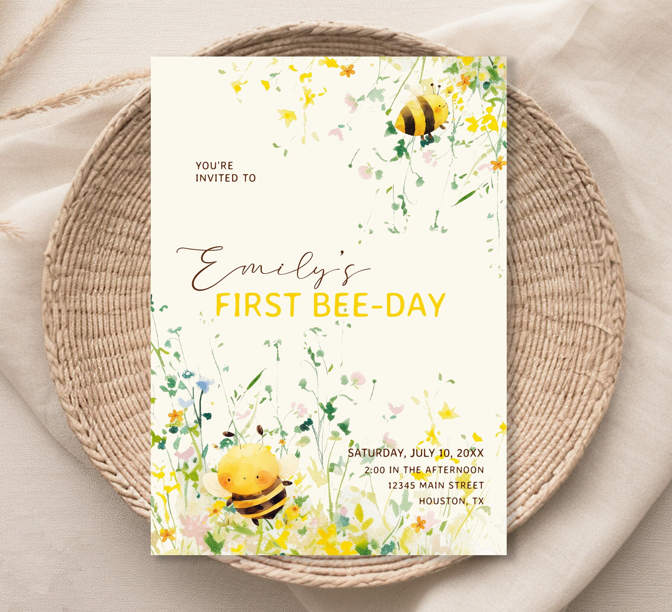 First Bee Day Invitation Template, Editable Bee Birthday Invitation ...
