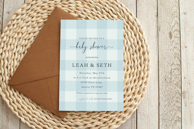 May include: A blue and white gingham baby shower invitation with the text "You're invited to a baby shower honoring Leah & Seth" and details for the event.