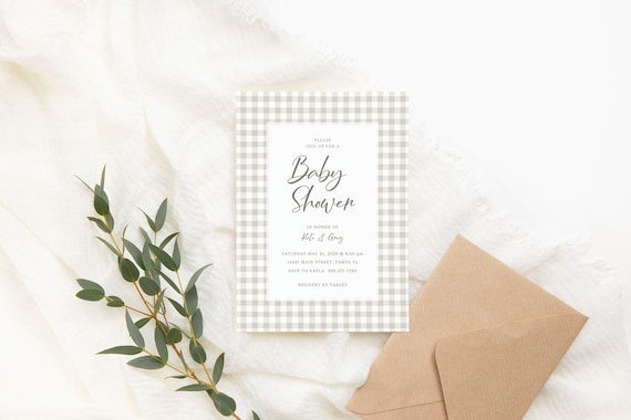 Gingham Baby Shower Invitation, Baby Shower Invite Template, Gender Neutral, Editable, Printable Invitation, Instant Download