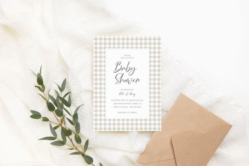 Gingham Baby Shower Invitation, Baby Shower Invite Template, Gender Neutral, Editable, Printable Invitation, Instant Download image 1