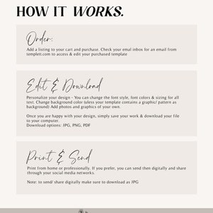 May include: A graphic with instructions on how to order, edit, download, print, and send a printable template. The text says "How it works." and includes the steps: "Order", "Edit & Download", and "Print & Send". The graphic also includes the text "WILDLILY PRINTABLES".