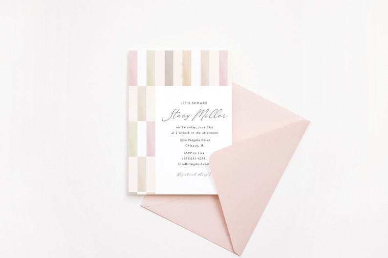 May include: A pink and beige striped invitation card with the text "Let's Shower Stacy Miller on Saturday, June 21st at 2 o'clock in the afternoon 1234 Pergola Drive Chicago, IL RSVP to Lisa (831) 711-4251 lisawilling@mail.com Registered at..."