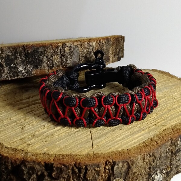 Handmade Paracord Bracelet , Color Dark Green with Red  and Black for Men