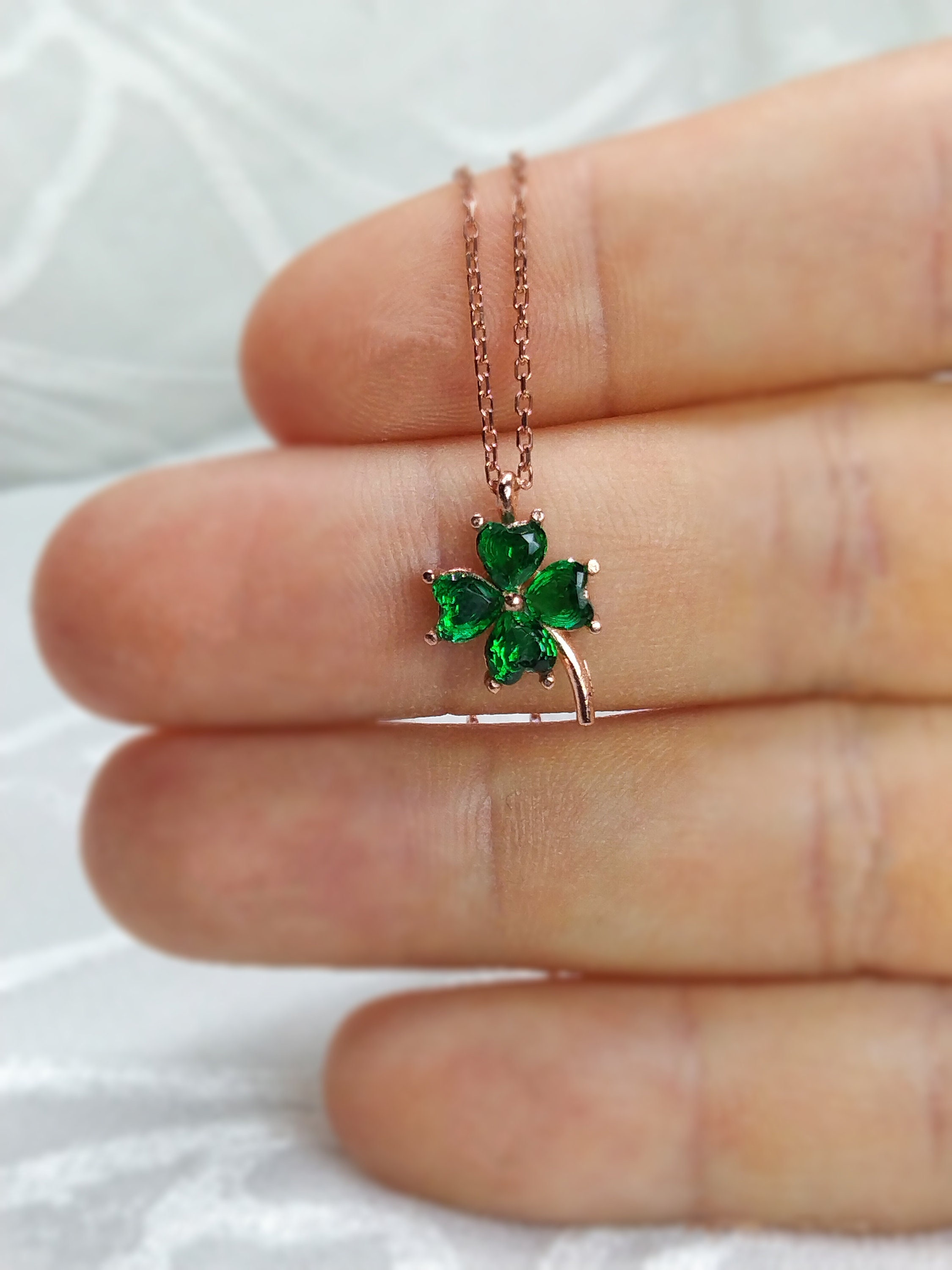 ★ROSEMONT★ Silver Green Clover Necklace RA24C28A Sterling Silver Green Clover Necklace, Four Leaf, Dainty