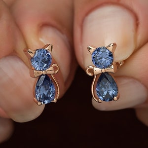 Blue Tanzanite Stone Cat Rose Gold Plated 925 Sterling Silver Earrings | Minimalist Cat Mystical Earrings | Dainty Cat Silver Earrings