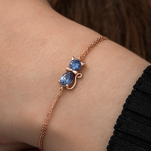 Blue Tanzanite Stone Cat Rose Gold Plated Sterling Silver Bracelet | Rose Gold Plated Silver Dainty Bracelet | Minimalist Gift for Her