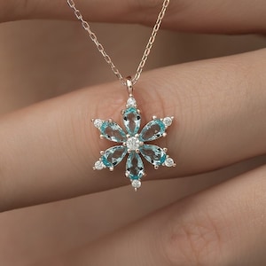 Blue Aquamarine Stone Snowflake Rose Gold Plated 925 Sterling Silver Necklace | Minimalist Snowflake Silver Necklace |Dainty Silver Necklace