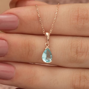 Blue Aquamarine Stone Water Drop Rose Gold Plated 925 Sterling Silver Necklace | Minimalist Drop Silver Necklace | Dainty Silver Necklace