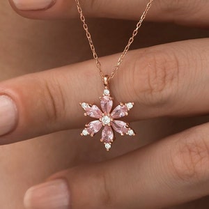 Pink Zircon Stone Flower Rose Gold Plated 925 Sterling Silver Necklace | Minimalist Lotus Silver Necklace | Dainty Silver Necklace