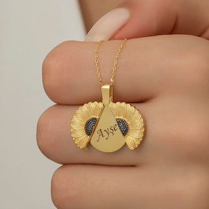 Personalized Name Openable Sunflower Gold Sterling Silver Necklace | Custom Name Silver Dainty Necklace | Minimalist Jewelry Gift For Her