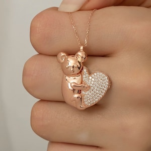 Personalized Koala Necklace: Rose Gold Sterling Silver, Zircon Heart