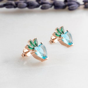 Blue Zircon Stone Strawberry Rose Gold Plated 925 Sterling Silver Earrings | Minimalist Strawberry Earrings | Dainty Fruit Silver Earrings
