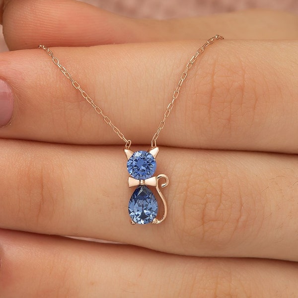 Blue Tanzanite Stone Cat Rose Gold Plated 925 Sterling Silver Necklace | Minimalist Animal Silver Necklace | Dainty Silver Necklace