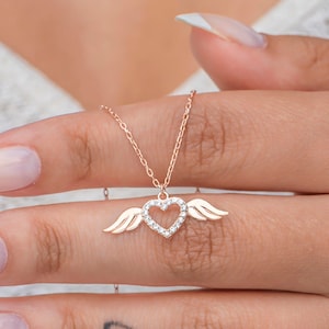 Zircon Stone Angel Wing Heart Rose Gold Plated 925 Sterling Silver Necklace | Minimalist Heart Silver Necklace | Dainty Necklace |