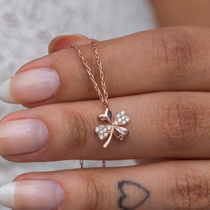 Zircon Stone 4 Leaf Clover Rose Gold Plated 925 Sterling Silver Necklace | Minimalist Clover Silver Necklace | Dainty Necklace |