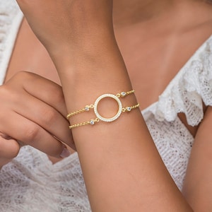 Gold Plated Sterling Silver Bracelet: White Zircon Double Chain Circle