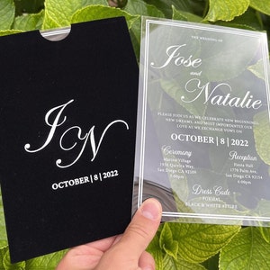 Faire-part de mariage avec enveloppe en velours, Acrylique transparent, Enveloppe en velours, Faire-part imprimé blanc, Enveloppe en velours noir imprimée en aluminium blanc