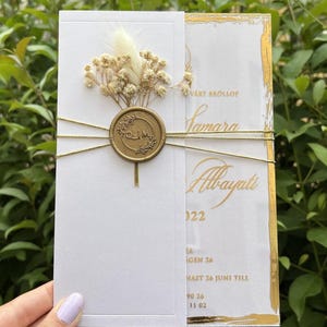 Convite de casamento em acrílico, Convite em acrílico transparente, Convite de casamento, Meio envelope branco perolado, Convite impresso em folha de ouro