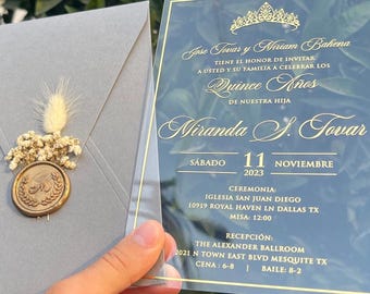 Convite de Quinceañera em Acrílico, Convites de Quinceañera Personalizáveis, Impressão em Folha de Ouro, Envelope Cinza, Lacre de Cera