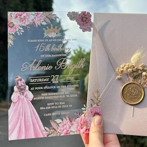 Pink floral Quince Invitation, Quinceañera, Clear acrylic, Rose Pearl Envelope