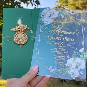 Orchidee Blumeneinladung, Quinceanera Einladung Smaragdgrün halben Umschlag. Quitteneinladung, Blumeneinladung, klare Acryleinladung