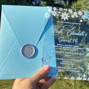 País das maravilhas do inverno, convite de acrílico para festa de 16 anos, festa de 15 anos, convite de acrílico transparente, convite para marmelo, impressão UV, envelope azul claro