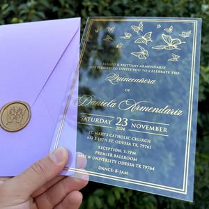 Butterfly Invitation, Quinceañera, Sweet 16, Clear Acrylic, Lilac Envelope