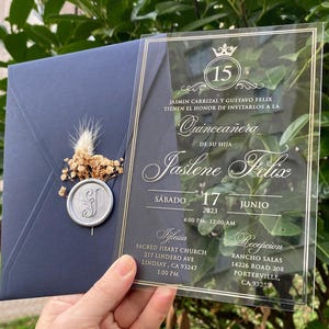 15 Años, Quinceeinladung, Acryl Quinceañoeinladung, Sweet 16, Silberfoliendruck, Acrylgeburtstagseinladung, Marineblauer Umschlag
