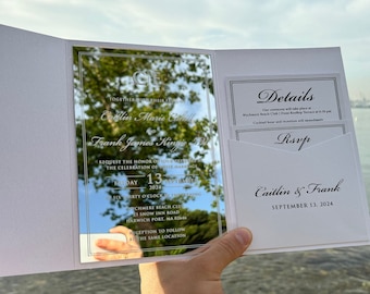 Silver Mirror Wedding Invitation, White Pearl Pocket Envelope