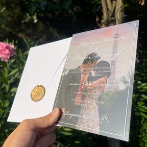 Trouwuitnodiging, uitnodiging met fotokaart, witte printuitnodiging, witte envelop, foto-uitnodiging, acrylhuwelijksuitnodiging