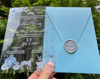 Cinderella invitation, Acrylic invitation, Blue floral invitation, Princess acrylic invitation, Quinceañera invitation, Light blue envelope