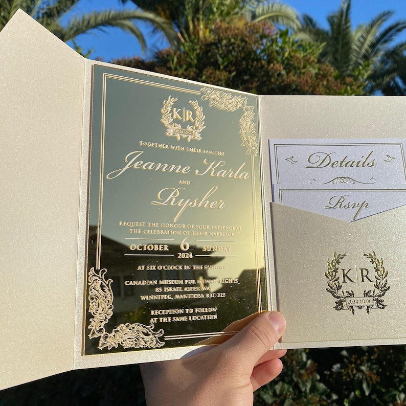 Gold Mirrored Wedding Invitation: Pearl Envelope, Foil Details