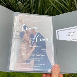 Acrylic Wedding Invitation, Photo Invites, Silver Foil Print, Gray Pocket Envelope image 3