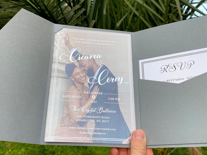 Acrylic Wedding Invitation, Photo Invites, Silver Foil Print, Gray Pocket Envelope image 3