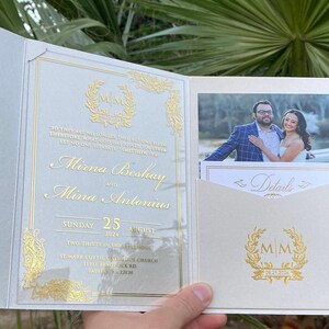 Hochzeitseinladung, Fotohochzeitseinladung, Acrylhochzeitseinladung, Elfenbeinperle Taschenumschlag, Klare Acryleinladung, Einladung