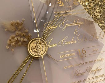 Gold Foil Acrylic Wedding Invitation: Parchment Shirt, Wax Seal & Dried Flowers
