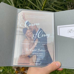 Acrylic Wedding Invitation, Photo Invites, Silver Foil Print, Gray Pocket Envelope image 5