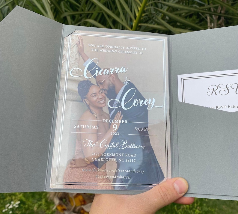 Acrylic Wedding Invitation, Photo Invites, Silver Foil Print, Gray Pocket Envelope image 5
