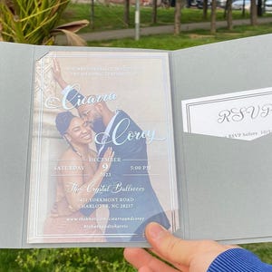 Acrylic Wedding Invitation, Photo Invites, Silver Foil Print, Gray Pocket Envelope image 2