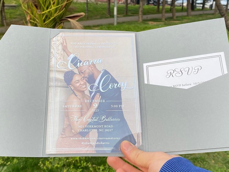 Acrylic Wedding Invitation, Photo Invites, Silver Foil Print, Gray Pocket Envelope image 2