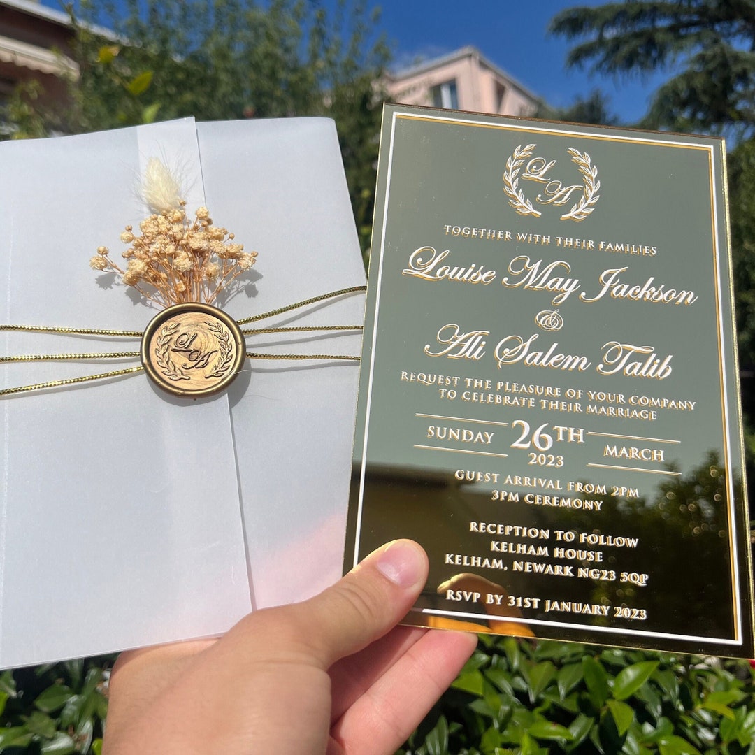 Mirror Invitation, Wedding Invitation, Gold Mirrored Wedding Invitation. White Print. Parchment ...