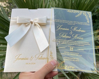 Clear Acrylic Wedding Invitation: Gold Foil, Mother-of-Pearl Envelope