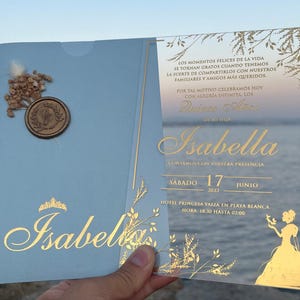 Convite de marmelo, convite temático de princesa, convite de quinceanera, impressão em folha de ouro, envelope azul claro, doce 16, convite de aniversário