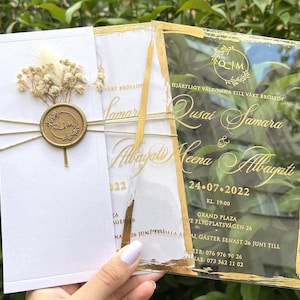Gold Foil Printed Acrylic Wedding Invitation: Pearl Half  Envelope, Wax Seal