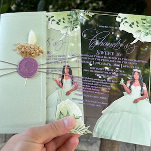 The frog and the princess, Princess Tiana, Sweet 16, Quinceañera, Quince, Acrylic Quinceanera invitation, Sweet sixteen, Sage green envelope