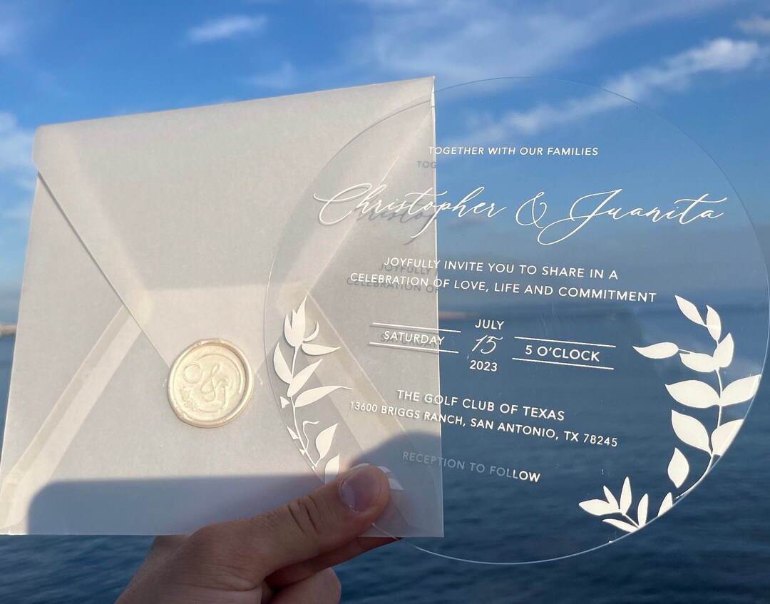 Acrylic Wedding Invitation, Wedding Invitation, White Printed, Clear