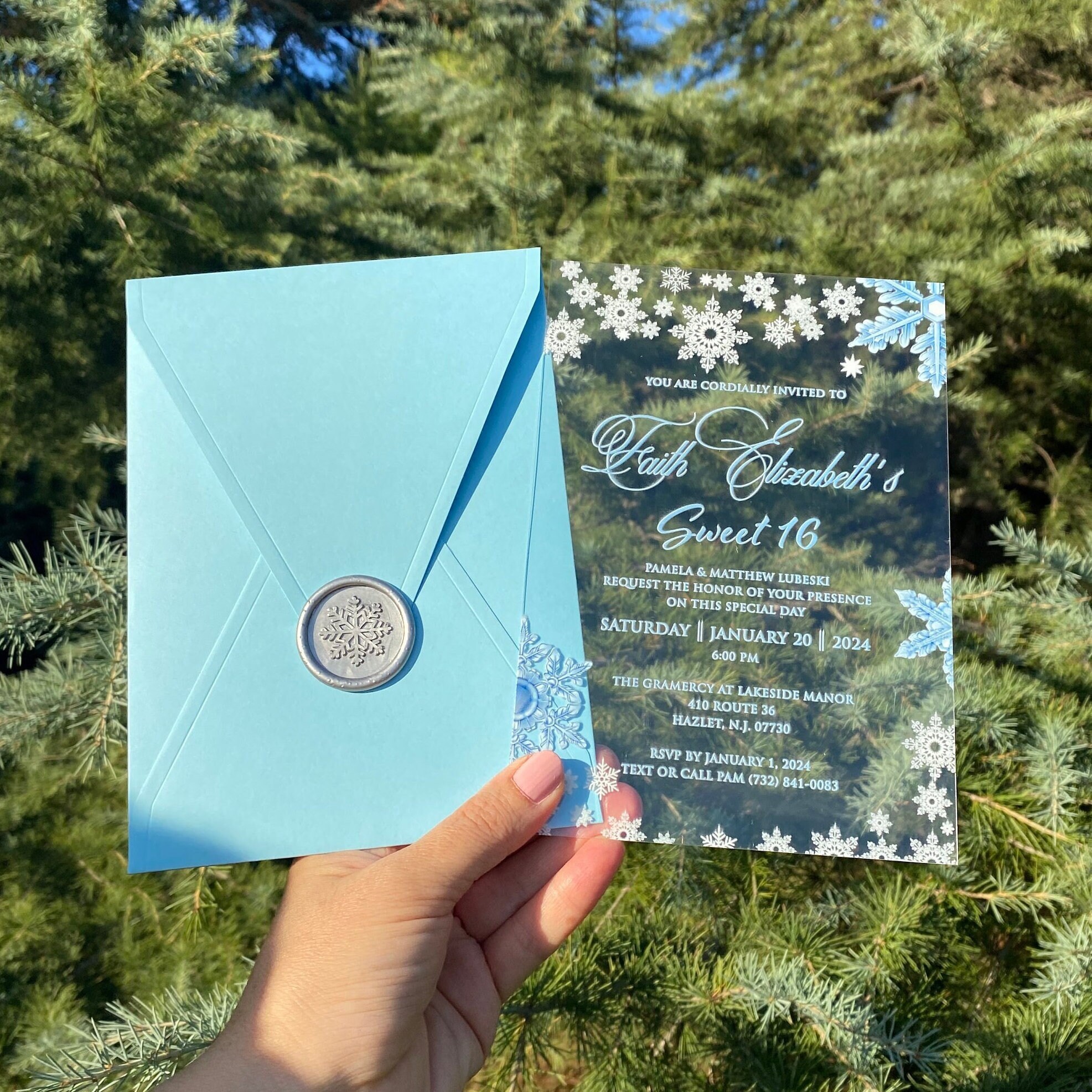 Clear acrylic invitation Quince invitation Winter Wonderland Acrylic Sweet 16 invitation UV printing Light Blue envelope
